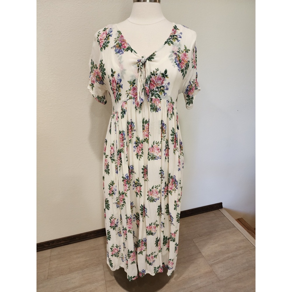 Vintage Starina Floral Dress Maxi 90s Tie Front Crinkle Fabric Flowy size Medium